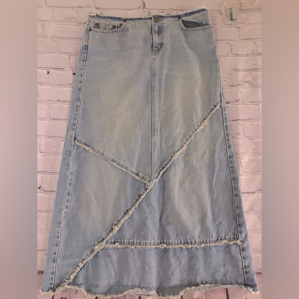 Londonjean‎ vtg boho grunge coastal cowgirl midi 8 raw hemline patchwork skirt